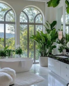 a bathroom with large windows and plants in the bathtub, along with a white rug on the floor