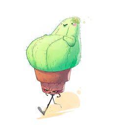 a drawing of a green cactus sitting on top of a pot with a hockey stick