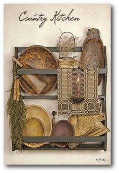 a wooden shelf filled with lots of different types of kitchen utensils and other items