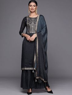 *Charcoal yoke design Kurta with Sharara and dupatta Indian Wedding Wear Salwar Kameez / Indian Ethnic Dress / Plus Size Silk Kurta Dress Traditional Indian Wear / Salwar Kameez Dupatta / Kurti Palazzo Set *Kurta design:- * Floral yoke design *Straight shape * Regular style * Round neck, three-quarter regular sleeves * Zari detail *Knee length with straight hem * Silk blend fabric *Sharara design:- * Solid Sharara * Elasticated waistband * Slip-on closure Fabric:- Silk Blend Wash Care:- Hand Was Kurta And Sharara Set, Kurta With Sharara, Kurta And Sharara, Kurti Palazzo Set, Design Kurta, Sharara Designs, Kurta Sets For Women, Yoke Design, Suit Indian