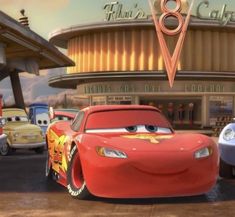 cars are lined up in front of a restaurant with the characters from pixama's cafe