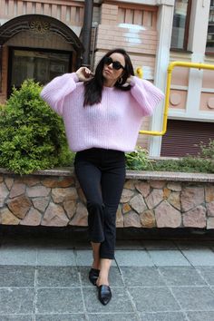 "KidMohair Oversized Sweater. Very cozy, weightless and comfortable. Size: oversize Length 65 cm Width 55/60cm This sweater can be with round neck or V-neck. For a sweater with a V - neckline, the depth of the neckline is 25 cm (diagonally from the shoulder). Product Details: * 100% hand knit *70% kidmohair, 30% neylon If you would like me in other size, you could request a custom order with your own parameters: your height, bust and length of the sweater from the shoulder in cm. You can choose Pink Mohair Sweater For Winter, Pink Mohair Sweater For Fall, Cozy Pink Mohair Sweater, Bridal Cardigan, Bridal Sweater, Woman Sweater, Oversized Pullover, Mohair Sweater, Pullover Sweater Women