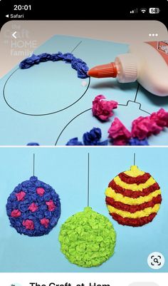 crochet ornaments are being made with yarn and glue on the appliance