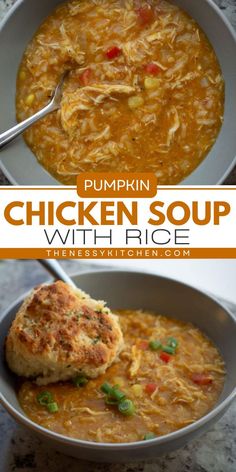 This simple pumpkin recipe is a fall comfort food dinner in one pot! It will become one of your favorite soup recipes for dinner. Even picky eaters will love this Pumpkin Chicken Soup with Rice that's creamy with mild flavor! Pumpkin Food Ideas, Recipe For Pumpkin Soup, Chicken Soup With Rice, Creamy Pumpkin Soup Recipe, Pumpkin Chicken, Soup With Rice, Pumpkin Food, Creamy Pumpkin Soup