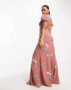 Maya puff sleeve embroidered maxi dress in caramel and pink | ASOS Feminine Floor-length Maxi Dress With Floral Embroidery, Pink Puff Sleeve Maxi Dress For Party, Pink Puff Sleeve Midi Dress For Date Night, Pink Floral Print Maxi Dress With Puff Sleeves, Feminine Floral Embroidered Floor-length Maxi Dress, Elegant Pink Maxi Dress With Floral Embroidery, Elegant Pink Floral Embroidered Maxi Dress, Feminine Floral Embroidered Maxi Dress, Spring Wedding Guest Maxi Dress With Short Sleeves