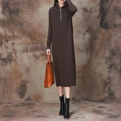 Comfortable, One of Kind. Sweater Dresses online shop,|Elegant|Wool Blend|Mid-Calf|Long Sleeve|Stand Collar|Zip|Solid Color|Dark Coffee|Black|One Size|Winter|Hand Wash Long Sweater Dress For Workwear In Fall, Brown Long Midi Dress For Winter, Calf Sleeve, Jersey Knit Dress, Half Zip, Mid Calf, Jersey Dress, Stand Collar, Knit Jersey