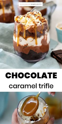 chocolate caramel trifle in a glass with ice cream drizzled on top