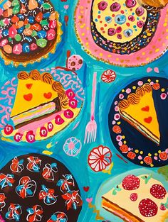 a painting of different types of cakes and desserts