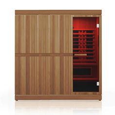 a wooden sauna with two doors open