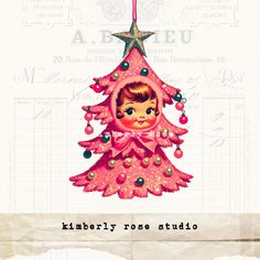 a pink christmas tree with a star hanging from it's center and the words merry rose studio written below