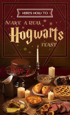 a hogwarts feast with candles and other food on the table in front of it