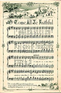 an old sheet with music notes on it and the words come all ye faith written in green