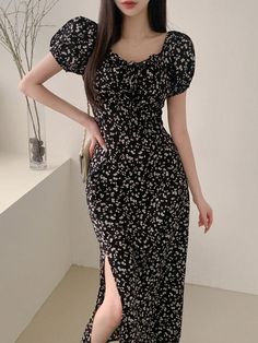 Dress From Shein, Quick Outfits, Square Neck Dress, Bubble Sleeve, Pinterest Outfits, Feminine Dress, 70 Dress, Women Long Dresses, Midi Length Dress