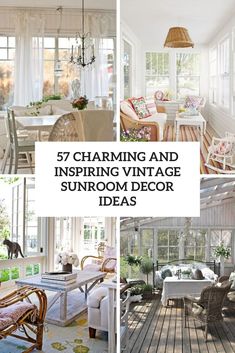 the inside and outside of a sunroom with white walls, wood flooring and furniture