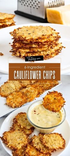 cauliflower chips on a plate with dipping sauce in the middle and text overlay that reads, 6 ingredient cauliflower chips