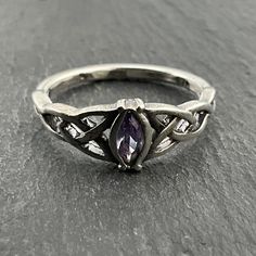 Vintage Purple Cubic Zirconia Sterling Silver Celtic Solitaire Ring, UK Size O, US Size 7, EU Size 54, Stamped 925, Front Max Width 7.6mm, Weight 2.52 Grams, Lovely Condition Vintage Purple, Solitaire Ring, Sterling Silber, Favorite Jewelry, Cubic Zirconia, Violet, Jewelry Rings, Accessory Gift, Size 7