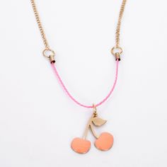 Enamel Cherries Necklace Trendy Nickel-free Pink Charm Necklace, Trendy Enamel Necklace With Adjustable Chain, Enamel Pendant Charm Necklace With Adjustable Chain, Playful Pink Jewelry With Adjustable Chain, Playful Pink Enamel Jewelry, Trendy Pink Enamel Jewelry, Retro Enamel Necklaces For Gift, Retro Orange Necklace Gift, Handmade Enamel Pendant Charm Necklace