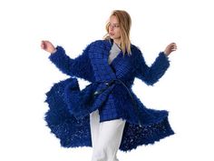 Knitted Cardigan Jacket Modern Asimmetric Design handmade Wool Jackets Women, Trendy Coat, Luxury Jacket, Fur Cardigan, Chunky Cardigan, Vest Coat, Wrap Cardigan, Knitted Cardigan, Blue Wool