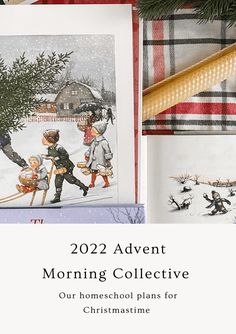 a christmas card with an image of children playing in the snow