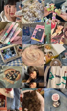 a collage of photos with various items on them including cell phones and other things