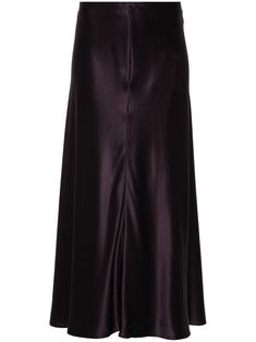 purple silk satin weave high waist elasticated waistband concealed side zip fastening flared hem full lining mid-length Dark Purple Skirt, Skirt Purple, Purple Skirt, Yoko London, City Dress, Purple Satin, Purple Silk, Layered Skirt, Summer Beach Wear