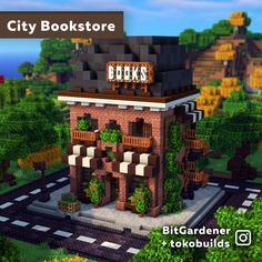 an image of a small building in the middle of some trees and bushes with text that reads city bookstore