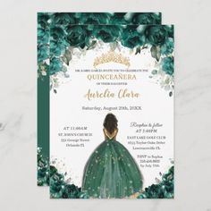 a green and gold quinceauera birthday party card with an image of a woman in a ball gown