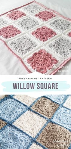 the free crochet pattern for a quilt square is shown in two different colors