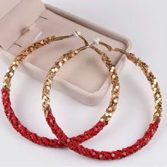 This Beautiful Large Red And Gold Sequin Twine Clip On Hoop Earrings With Cushion Pads No Pierced Earrings Are 90 Mm Diameter Clip On Hoop Earrings, Large Sequins, Marble Earrings, Earrings Handmade Dangle, Gold And Red, Knot Earrings, Rainbow Earrings, Cz Stud Earrings, Large Hoop Earrings