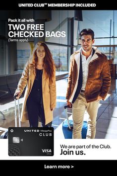 a man and woman walking through an airport with luggage on the back of their bags