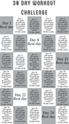 the 30 day workout challenge is shown in black and white, with text on it