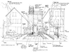 an architectural drawing of a house with lots of details on it's walls and windows