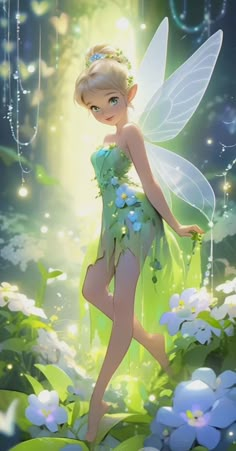 a fairy is standing in the middle of flowers