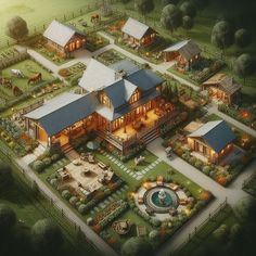 an artist's rendering of a large estate with horses in the yard and landscaping