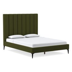 a bed with a green headboard and white sheets on it's sides, in front of a white background