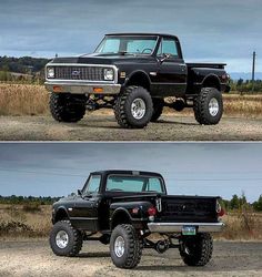 two pictures of the same black truck in different positions, one is off - road