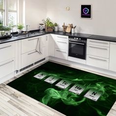 the floor is covered with green liquid and symbols for different things in the kitchen area