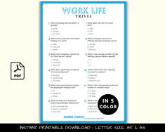 the printable worksheet for work life trivia is shown in blue and black