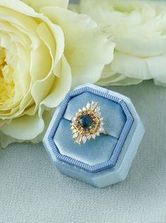 Sky Blue velvet octagon ring box metal top engraving custom Octagon Ring, Ship Captain, Heirloom Rings, Styling Photography, Ring Boxes, The Starry Night, Velvet Ring Box, Flatlay Styling, Gold Monogram