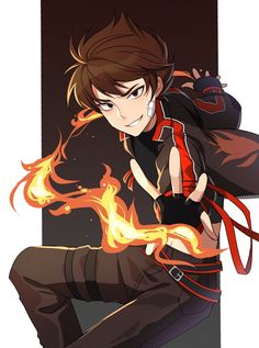 an anime character sitting on the ground with fire coming out of his pants and hands