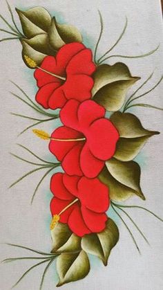 a painting of red flowers and green leaves on white paper with watercolor pencils