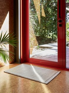 a red door with a white rug on the floor next to it and a potted plant