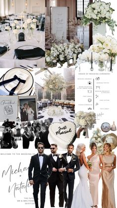 a collage of wedding photos with white flowers and black accents, including the bride and groom