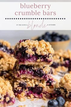 blueberry crumble bars stacked on top of each other with the title above it