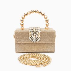 Gold Luxury Top Handle Box Bag Fashion Accessory, Gold Square Box Bag Fashion Accessory, Party Shoulder Bag With Rhinestones, Rectangular, Elegant Square Box Bag With Pearl Handle, Gold Rhinestone Clutch Fashion Accessory, Evening Clutch Box Bag With Pearl Handle, Glamorous Handheld Clutch, Chic Top Handle Shoulder Bag With Rhinestones, Square Box Bag With Detachable Handle