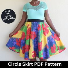 a woman wearing a skirt with flowers on it and the words circle skirt pattern below