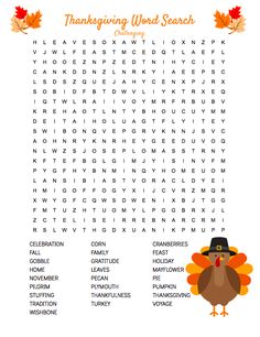 a thanksgiving word search with a turkey on it