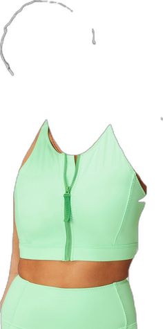 Sporty Green Beach Tops, Sporty Green Tops For Beach Season, Green Sporty Top For Beach Season, Fitted Green Sports Bra For Spring, Sporty Stretch Swimwear With Zipper Closure, Green Fitted Racerback Activewear, Athleisure Green Swimwear, Green Sleeveless Sports Swimwear, Sleeveless Green Swimwear For Sports