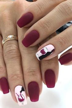 Wine Inspired Nails, Wine Theme Nails, Wine Nail Art Design, Nails With Wine Glass Design, Wine Design Nails, Wine Tasting Nails, Wine Glass Nails Designs, Wine Glass Nail Art Design, Wine Manicure Ideas