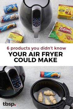 an air fryer with food in it and the words, 6 products you didn't know your air fryer could make